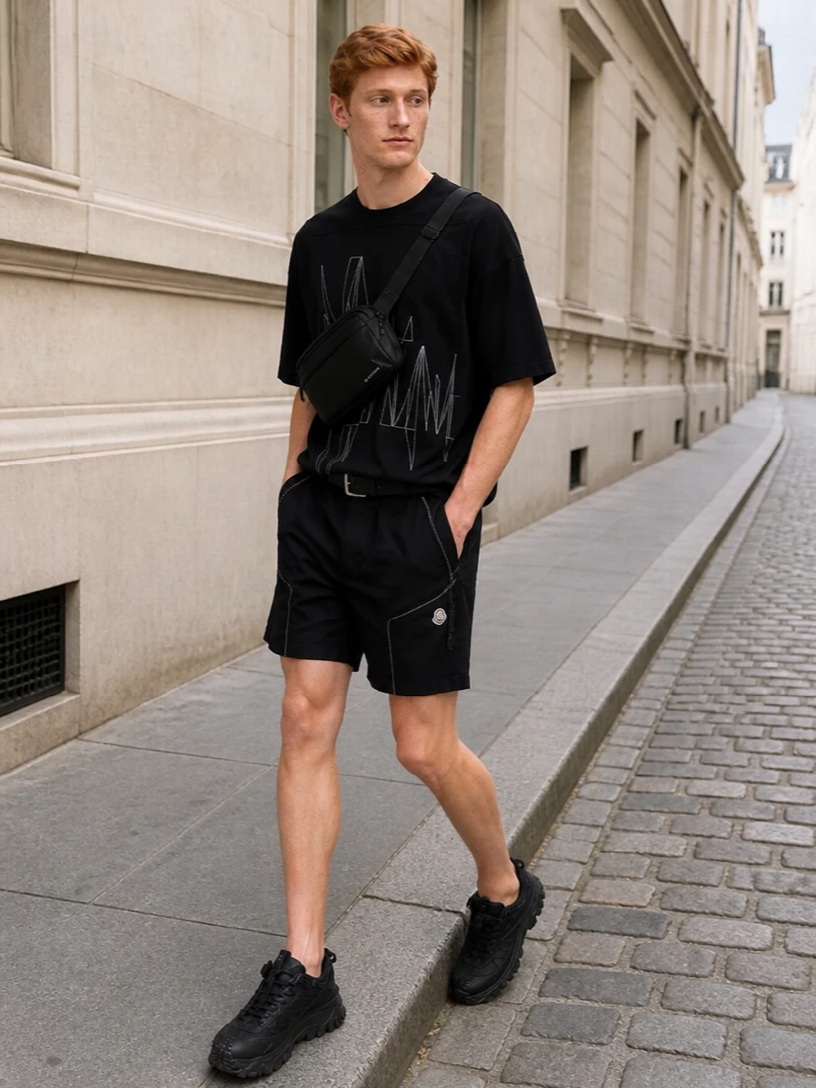 Moncler cargo shorts graphic tee streetwear outfit