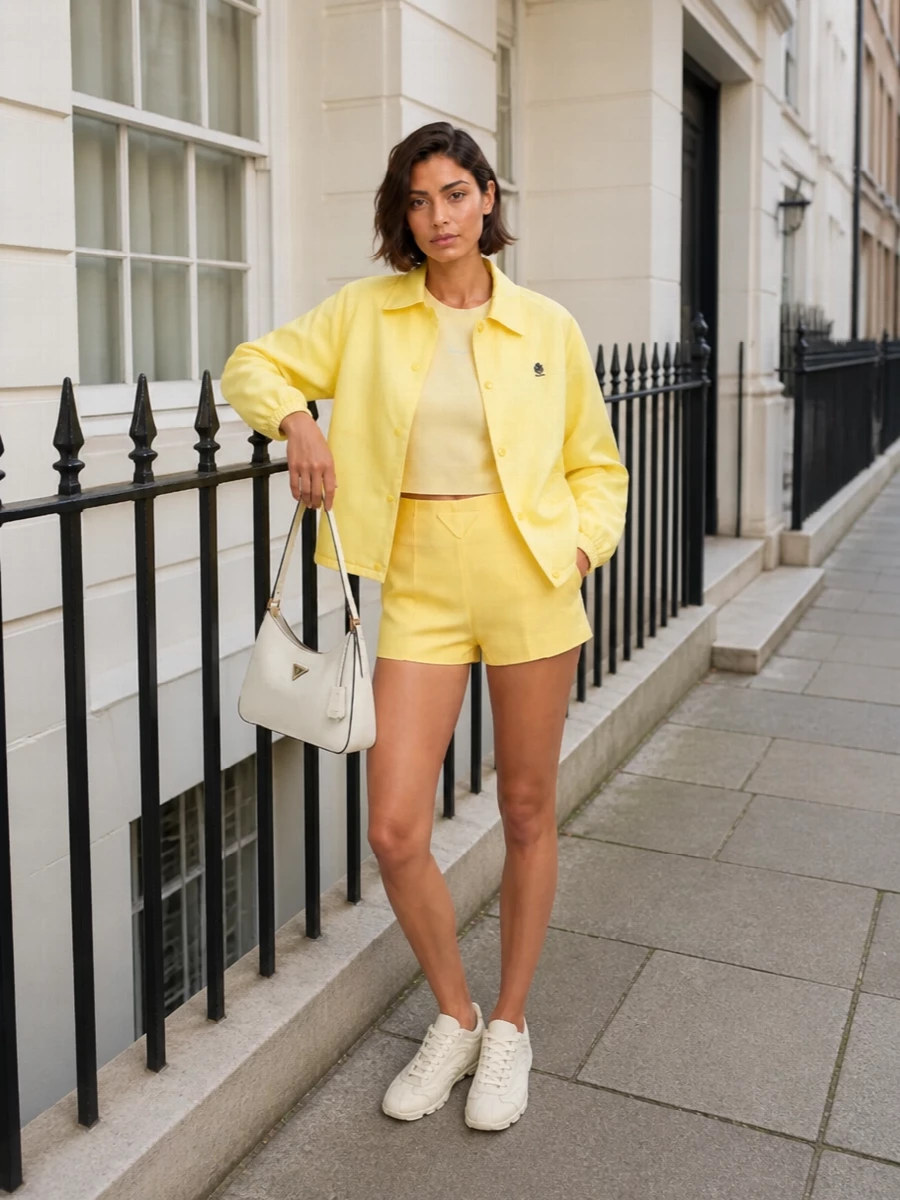 Prada yellow bomber matching shorts sneakers