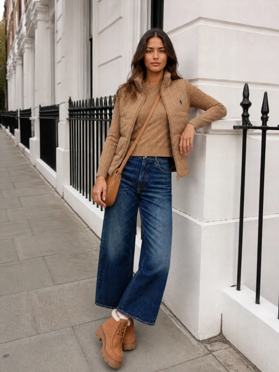 I chose the top and denim path to keep the cable-knit gilet as the hero, staying true to its collegiate, off-duty brief. The slim camel crew and high-rise dark jeans create a long, unfussy line that lets the padded texture read as intentional, while the suede shearling boots and camel cross-body keep the palette warm and cohesive for winter days that still feel considered. The result is a quietly polished Ralph Lauren–adjacent uniform that moves easily from campus-style errands to casual city lunches.