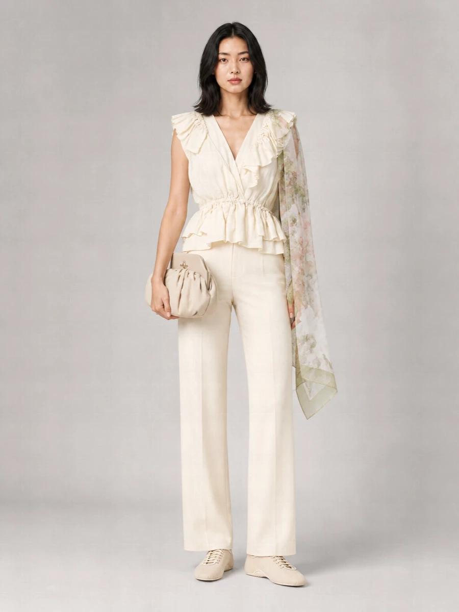 Dries Van Noten Ramie V-Neck Ruffled Sleeveless Asymmetric Blouse