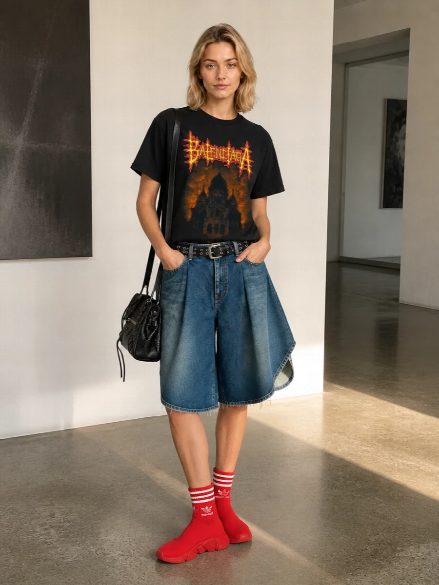 Balenciaga metal tee denim shorts outfit