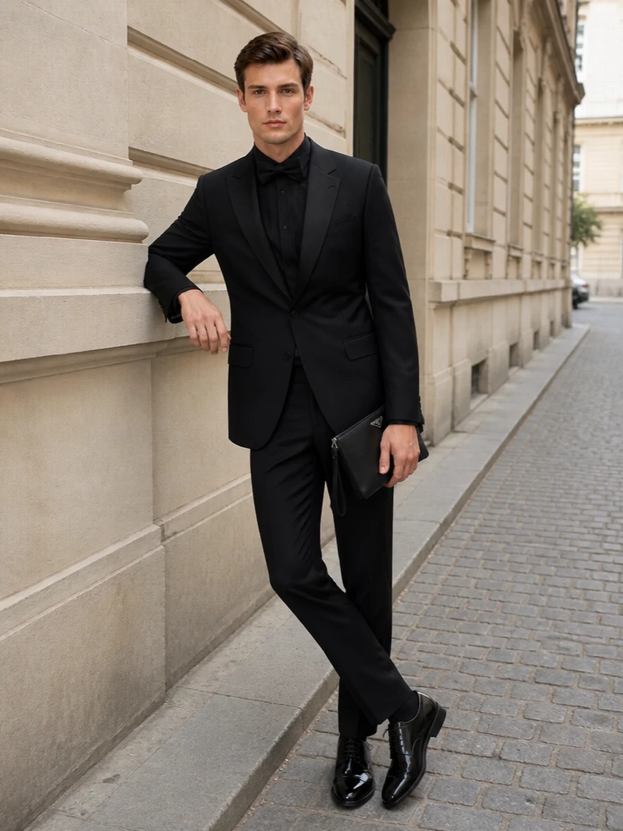 Tom ford black tuxedo outfit prada pouch