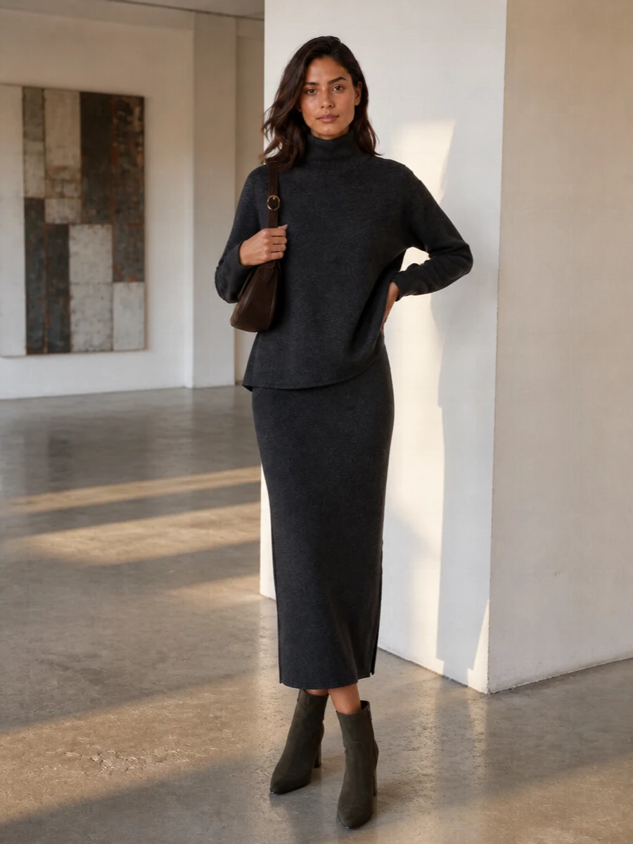 A charcoal knit dress and espresso block-heel boots create a long, uninterrupted column of deep neutrals that feels composed yet unfussy. The dark suede baguette tucks in neatly at the shoulder, keeping the profile clean and tonal. Choosing the dress route over separates lets the sculpted boot and subtle textures speak, ideal for quiet city evenings or refined daywear that does not feel overworked.