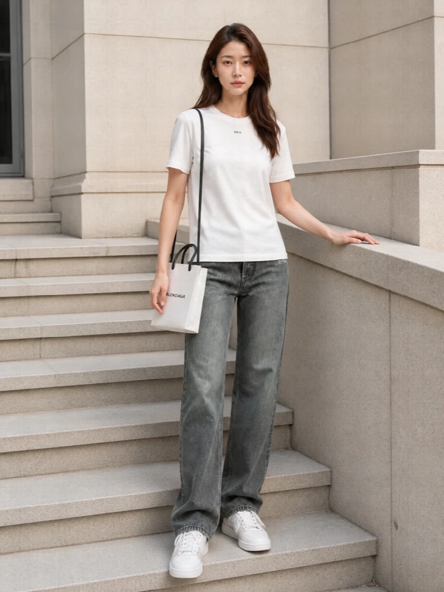 Off white tee washed grey jeans white sneakers