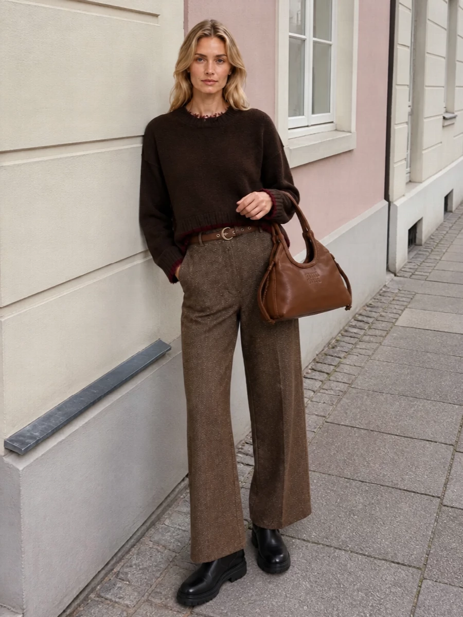 Deep brown on brown keeps this combination calm and intentional, with the cropped knit sitting neatly over high-waisted wool for a long, relaxed line. Chunky black ankle boots ground the volume, while the sculpted chestnut shoulder bag adds a single, polished note of structure. The result is a quietly luxurious winter uniform that feels considered without trying too hard.