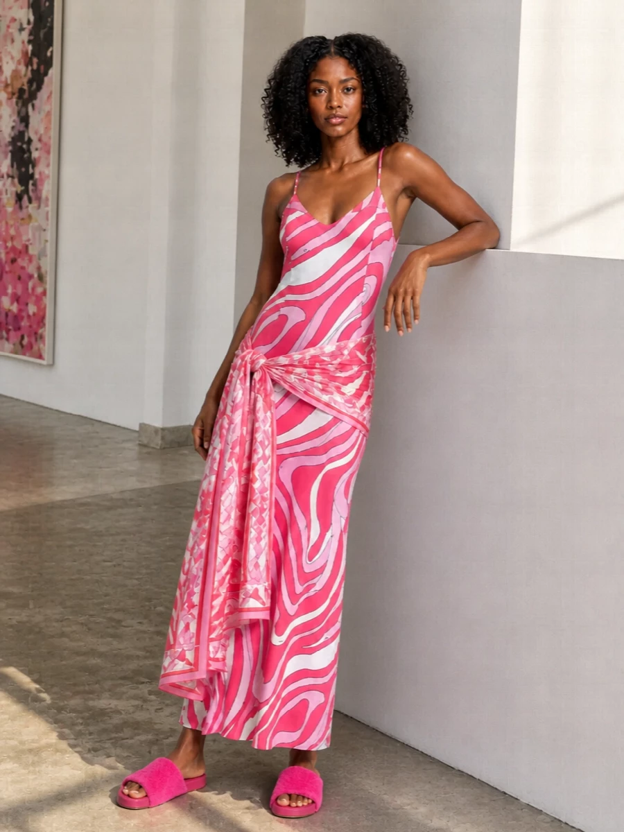 Pucci pink maxi dress scarf jacquemus slides