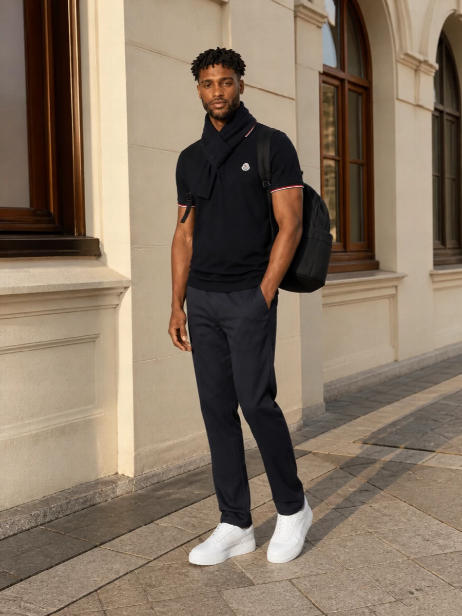 A navy-on-navy Moncler pairing keeps things clean for cooler days, with the piqué polo sitting neatly over a straight-leg technical trouser for a quietly sporty, city-ready feel. Crisp white sneakers lighten the palette without breaking the athletic mood, while a structured black backpack and slim navy scarf finish the outfit with practical, understated polish.
