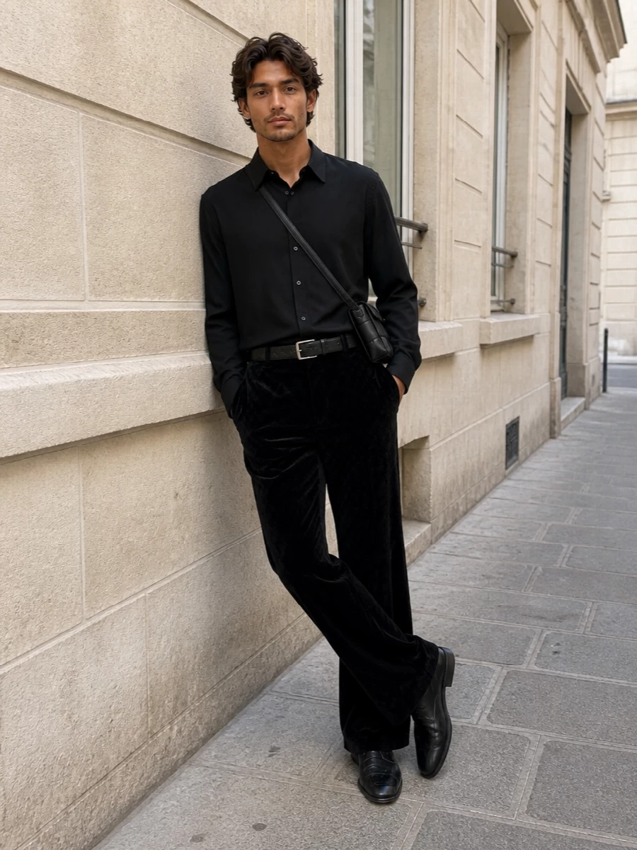 Velvet flare pants black shirt evening outfit