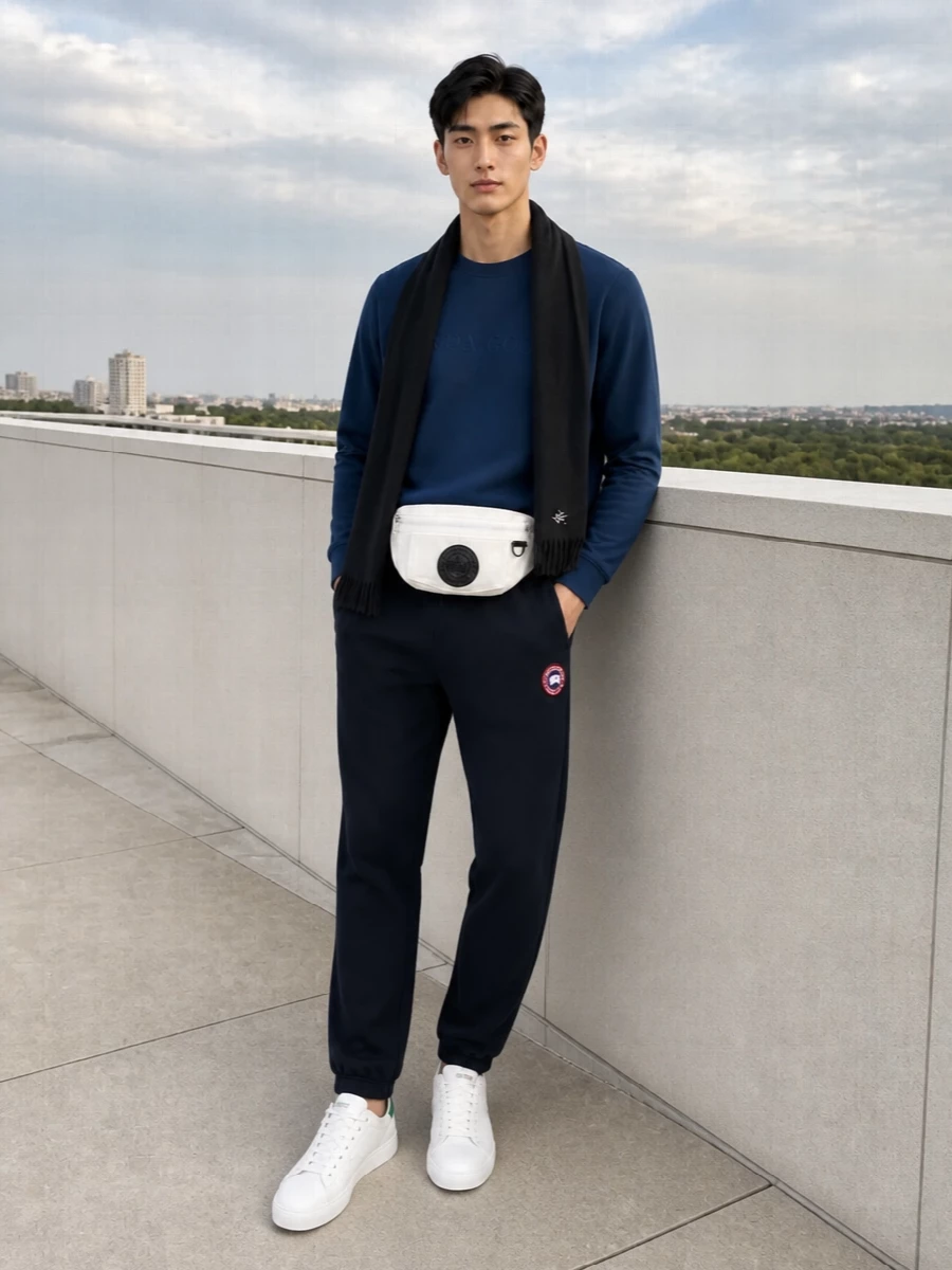 Canada goose navy pants blue sweatshirt sneakers