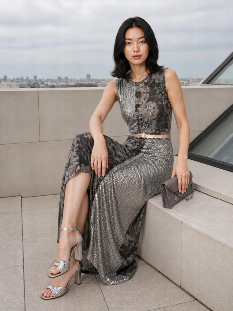 A smoky Margiela column meets sculpted Italian metallics for a kind of quiet evening drama that reads considered rather than glossy. Silver and gunmetal accents sit in the same cool register as the dress’s sequins, while a slim champagne belt softly traces the waist so the floral jacquard and draped skirt remain the focus. The result feels modern and romantic, ideal for dinners or events where you want movement, light and nuance without excess volume.
