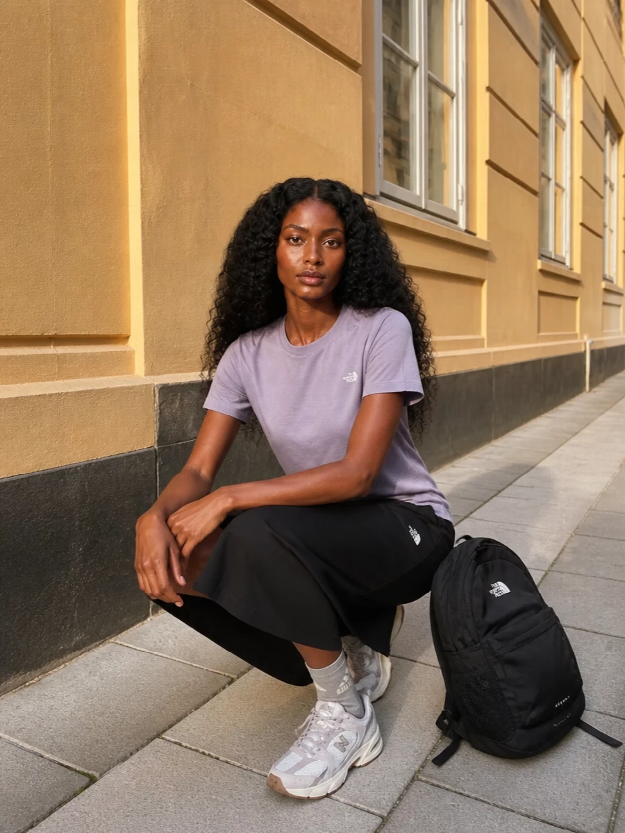 North face lavender tee black midi skirt outfit