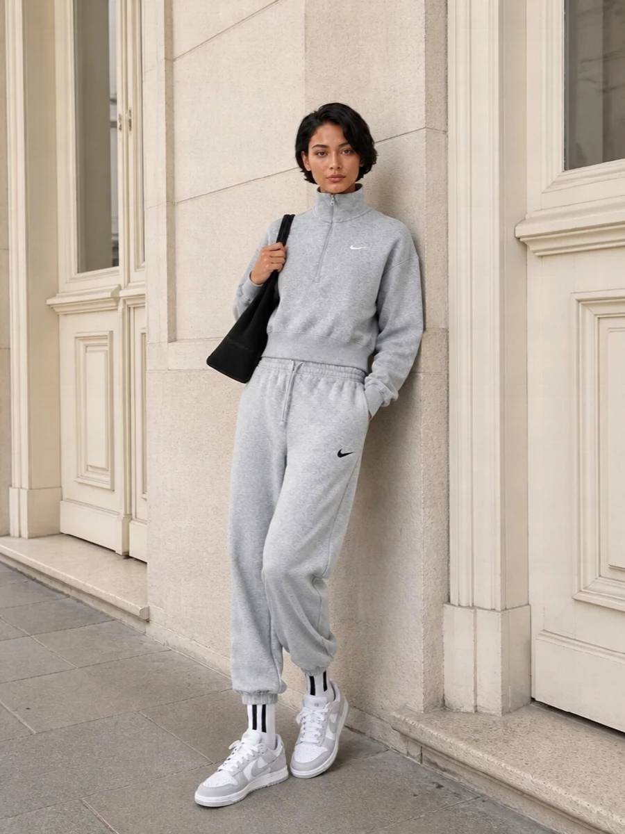 A soft heather-grey Nike set keeps everything calm and tonal, from the cropped half-zip to the relaxed track pant. Clean white and grey sneakers extend the palette, while a black Alexander Wang shoulder bag and striped socks add just enough contrast for a city-ready, sport-driven finish.