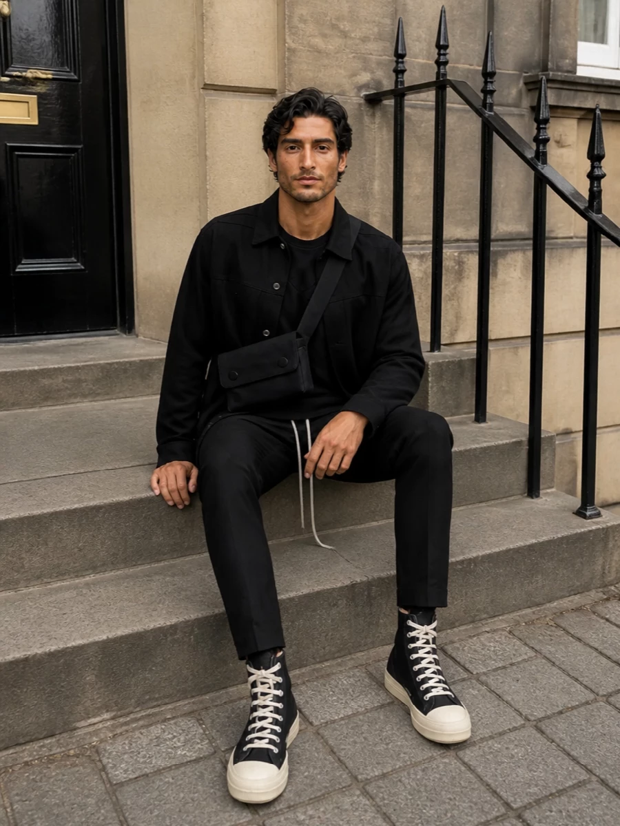 Rick owens drkshdw black coat high top outfit