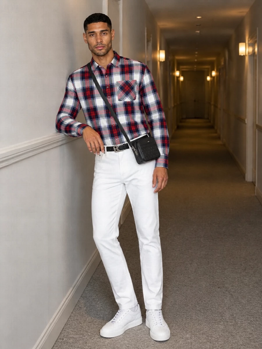 Celine plaid shirt white trousers sneakers