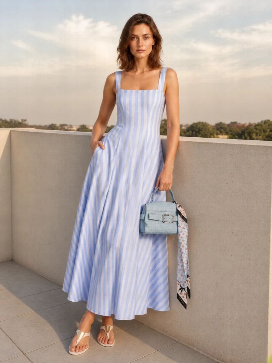 An ice-blue striped sundress is paired with slim white sandals for a clean, coastal feel that still reads polished. A powder-blue mini top-handle bag and matching floral twilly pick up the soft tones for a coordinated finish that feels romantic without being fussy. The result is an easy garden-party ensemble that stays light and airy from terrace lunch to seaside drinks.
