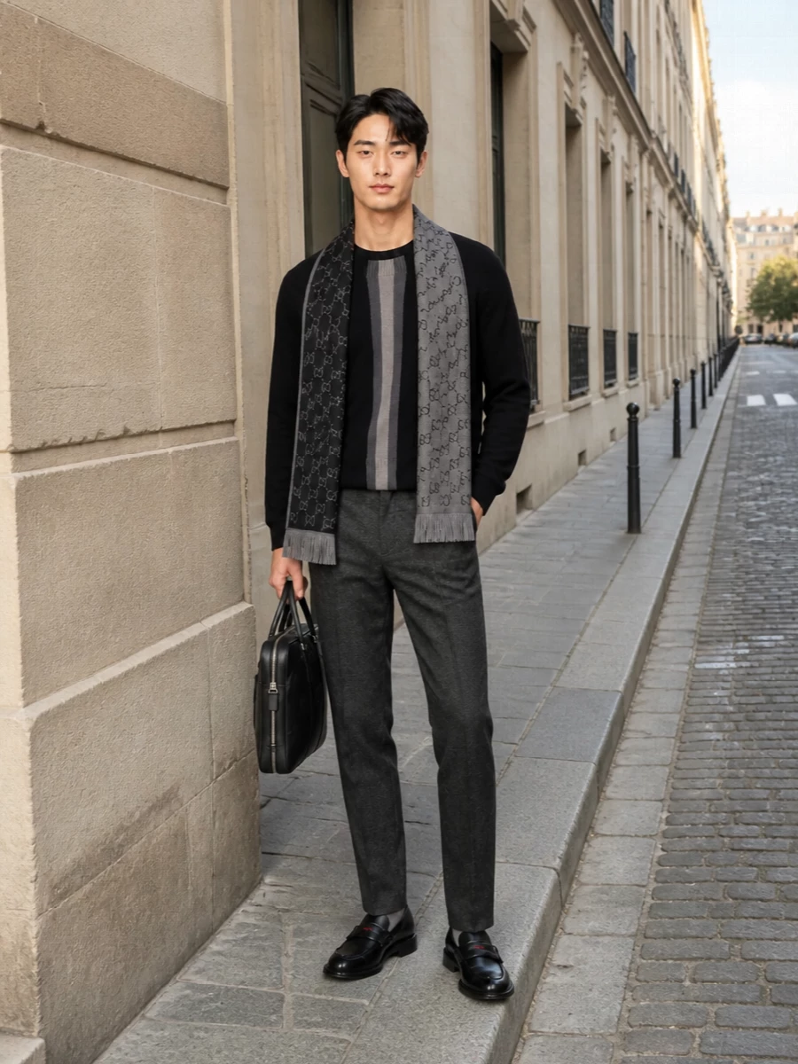 Gucci mens black sweater grey trousers outfit