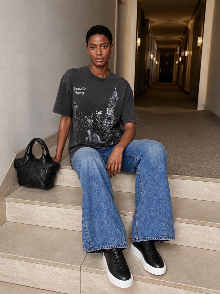 Alexander wang graphic tee wide leg jeans outfit