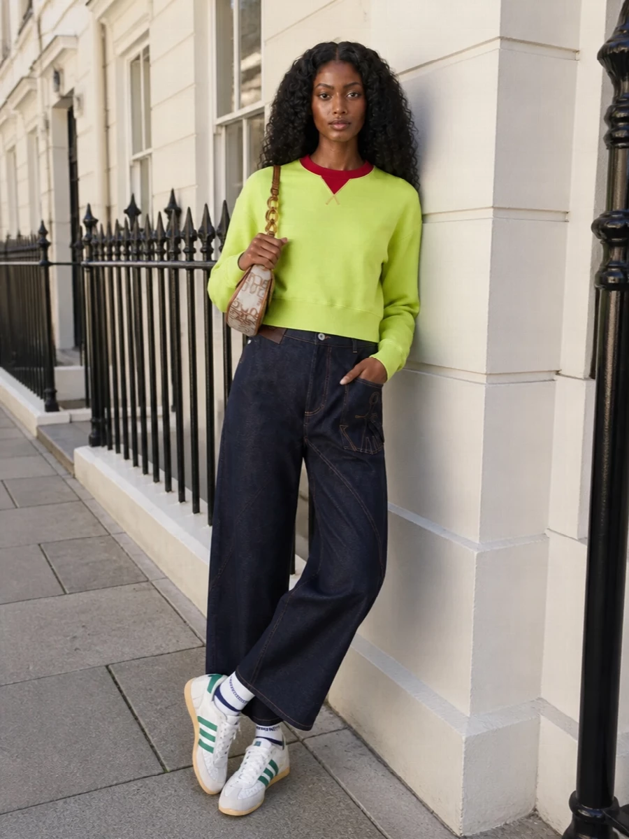 Jw anderson neon sweatshirt wide leg jeans outfit