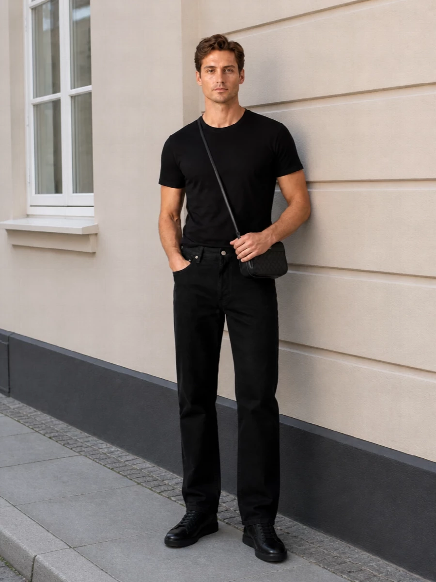 An all-black, quietly luxe uniform built around the Saint Laurent tee, grounded by deep-black Fear Of God denim for a clean, relaxed line. Sleek Marni sneakers keep it modern and unfussy, while the compact Ferragamo crossbody adds just enough structure for city days or low-key nights out. The result is streetwear-adjacent and quietly preppy in attitude, without a single loud logo in sight.