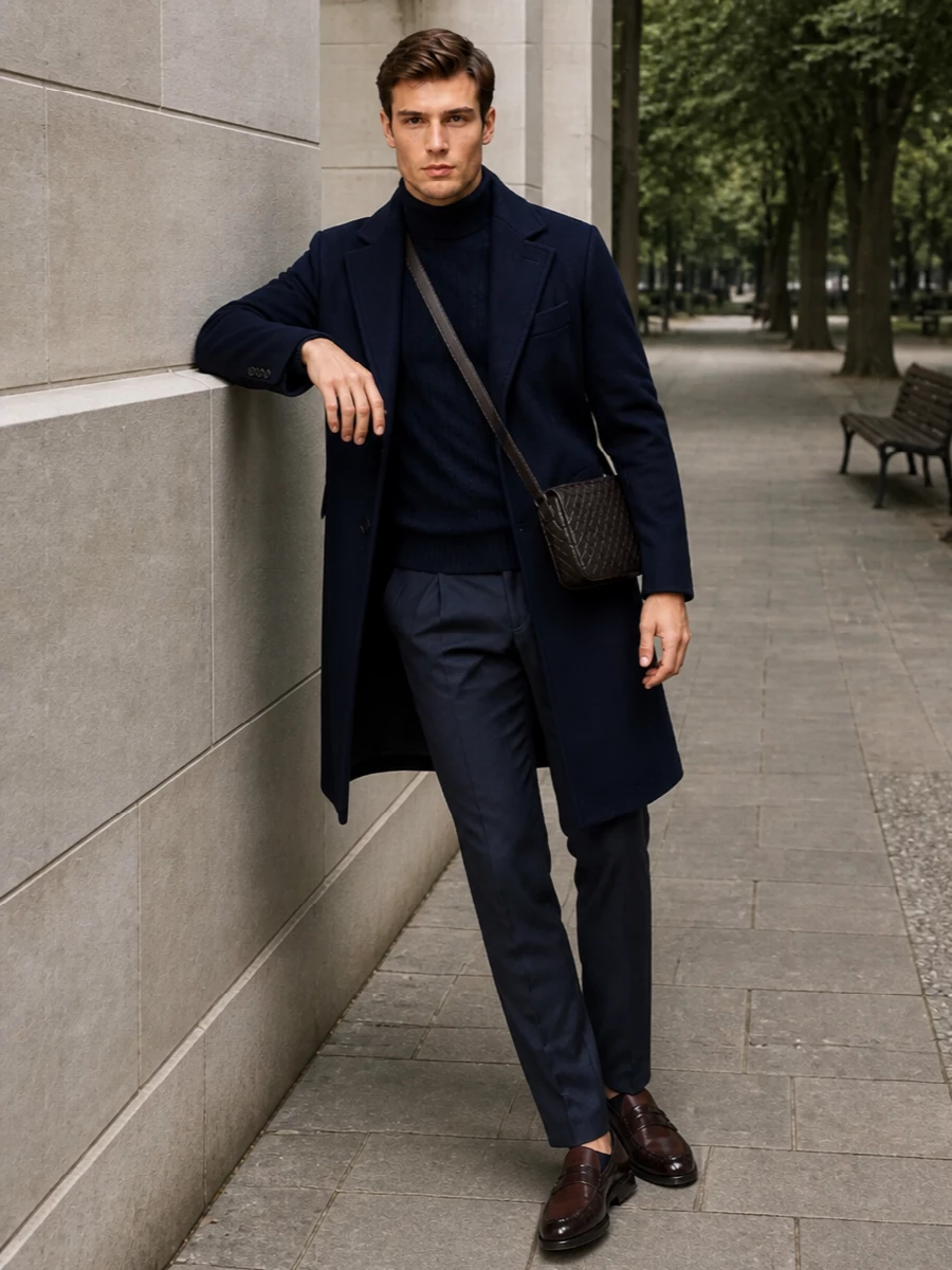 Brunello cucinelli navy coat pleated trousers