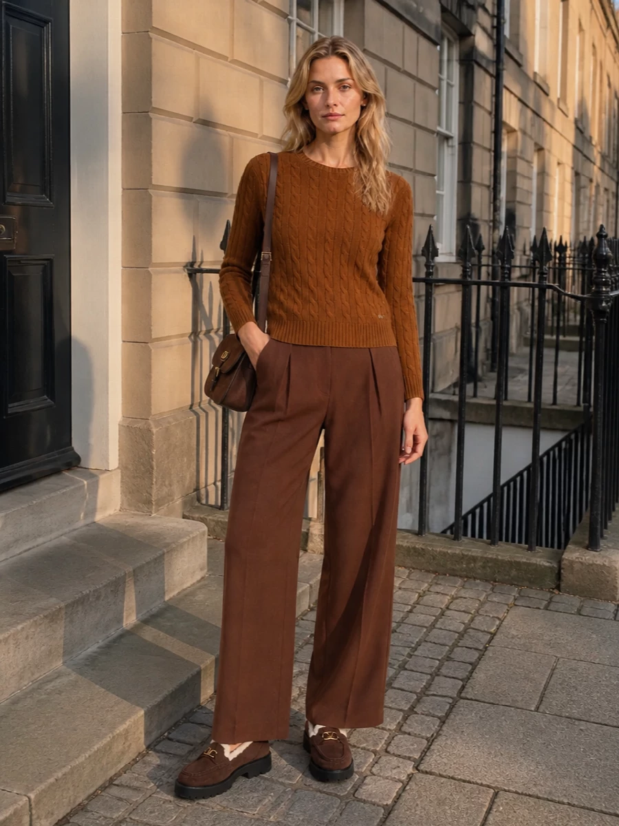 Valentino shearling loafers caramel sweater wide leg trousers