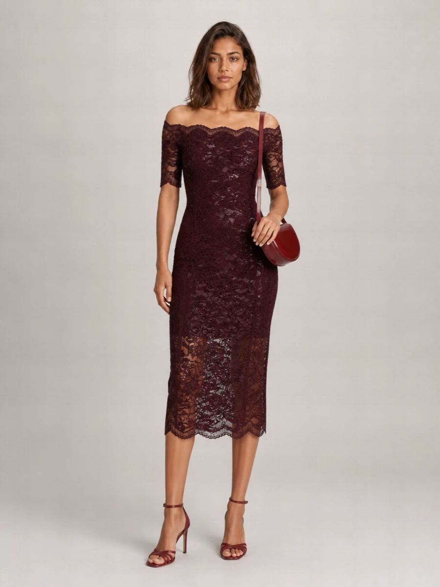 Paco Rabanne Lace Off-The-Shoulder Draped Asymmetric Knee-Length Dress