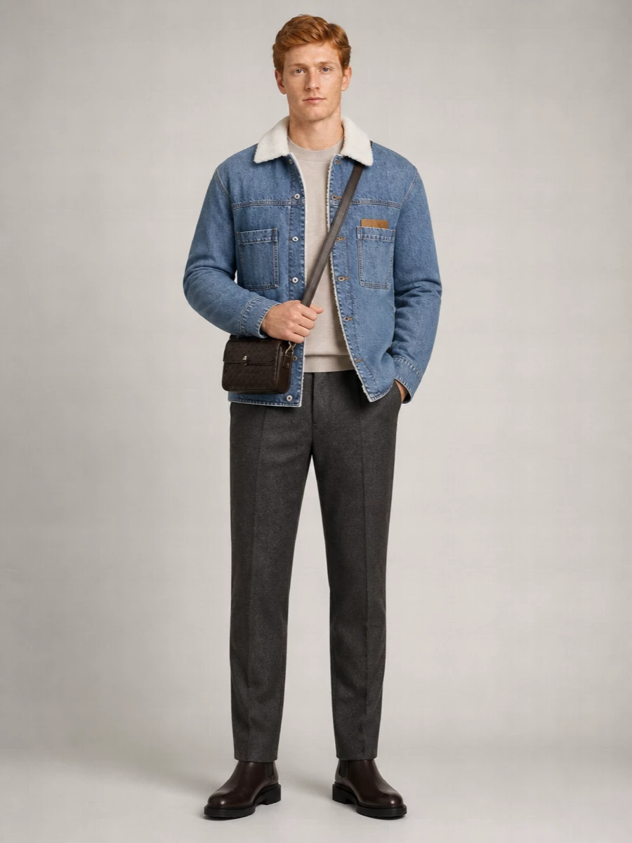 Bottega Veneta Shearling Collar Denim Single Breasted Coat
