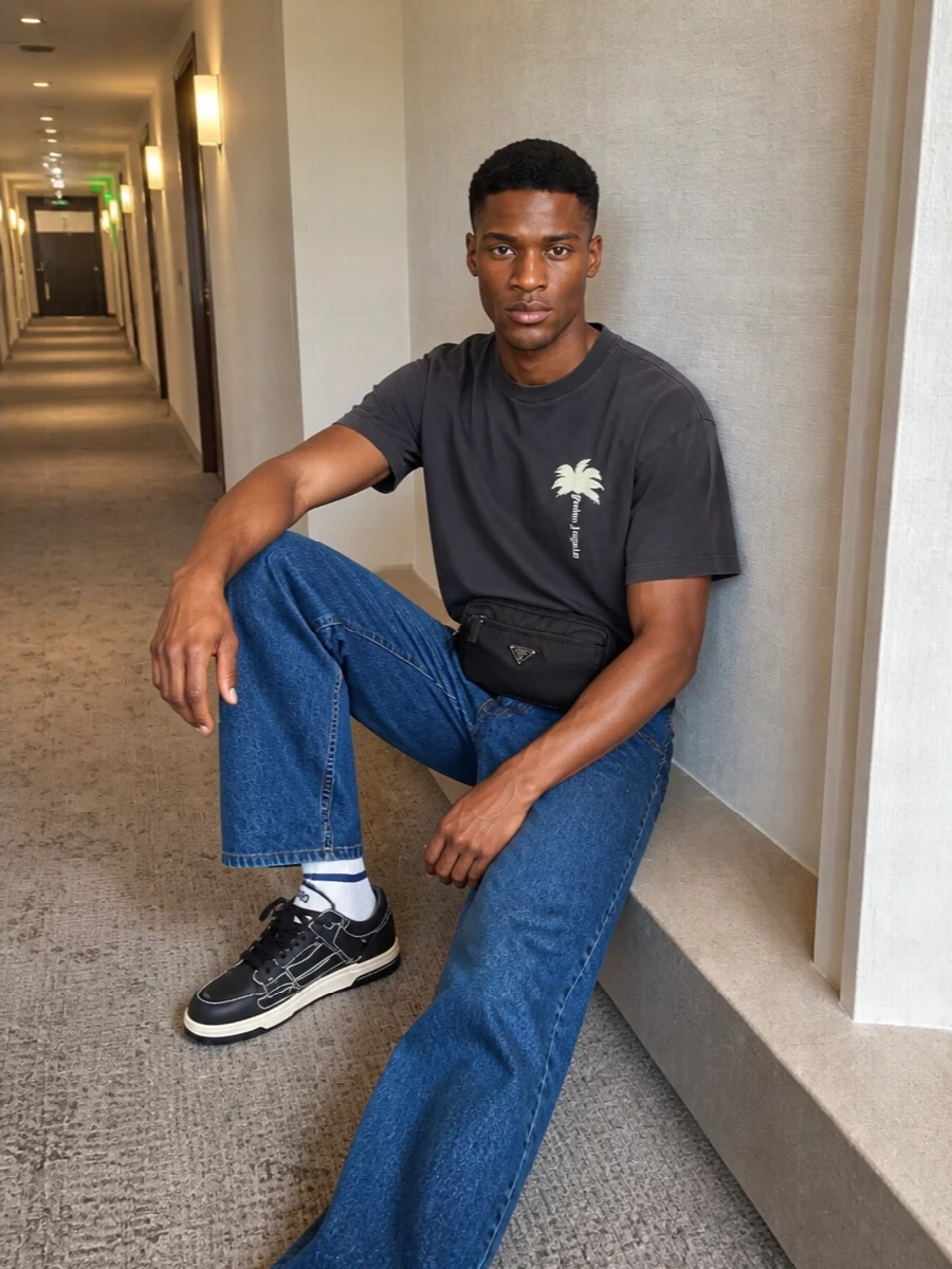 Palm angels tee loose jeans amiri sneakers
