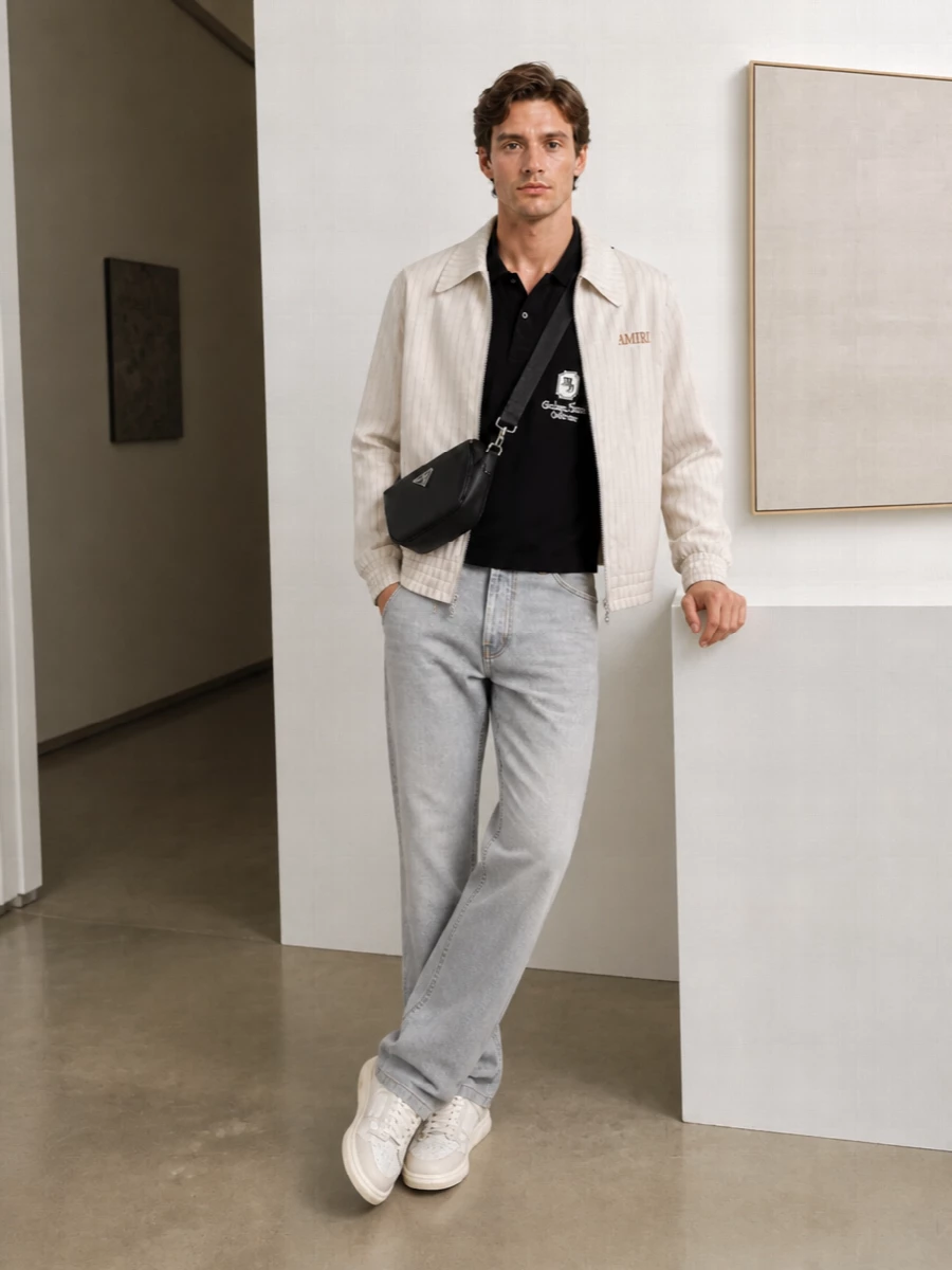 Amiri pinstripe jacket grey jeans prada bag