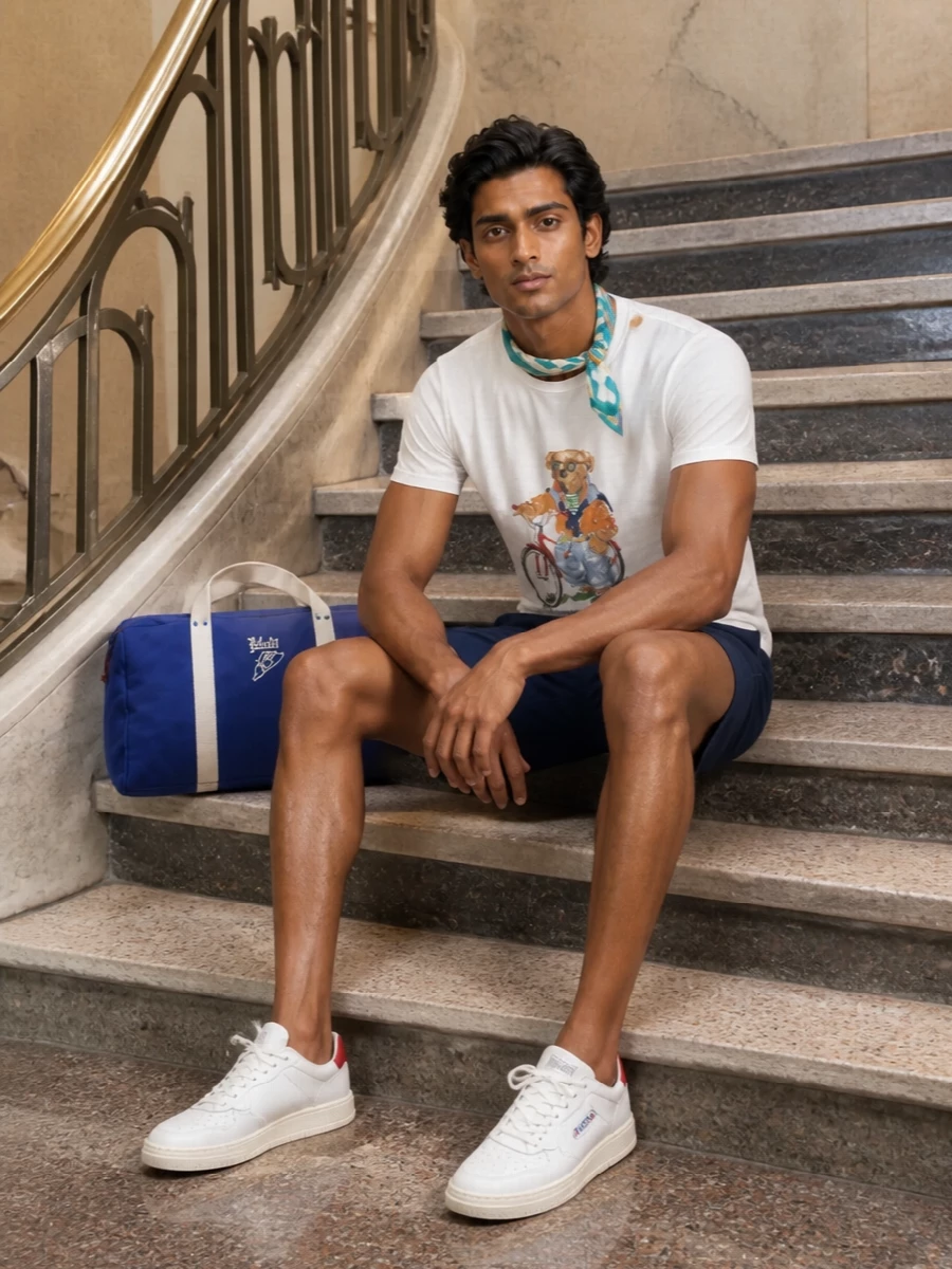 A white Polo Bear tee meets navy deck shorts for an easy, East Coast summer take on streetwear prep. Off-white Autry court sneakers keep the mood light and retro, while a royal-blue Polo duffle and a playful bear-print scarf lean into that collegiate, weekend-away energy without feeling busy.