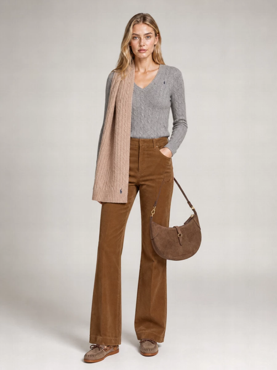 Ralph Lauren Wool Cashmere V-Neck Long-Sleeve Patterned Sweater