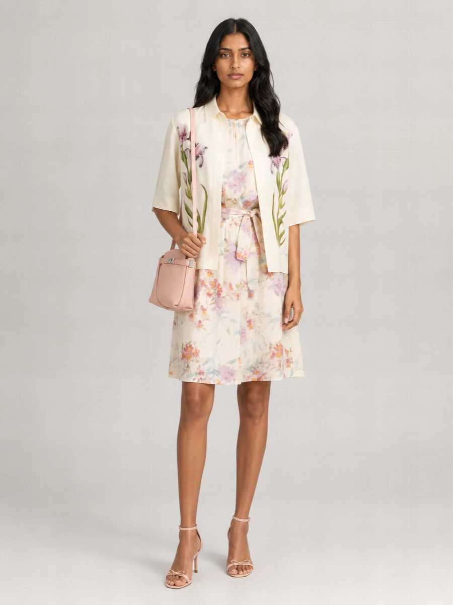 Alberta Ferretti Linen Floral Print Short Sleeve Shirt