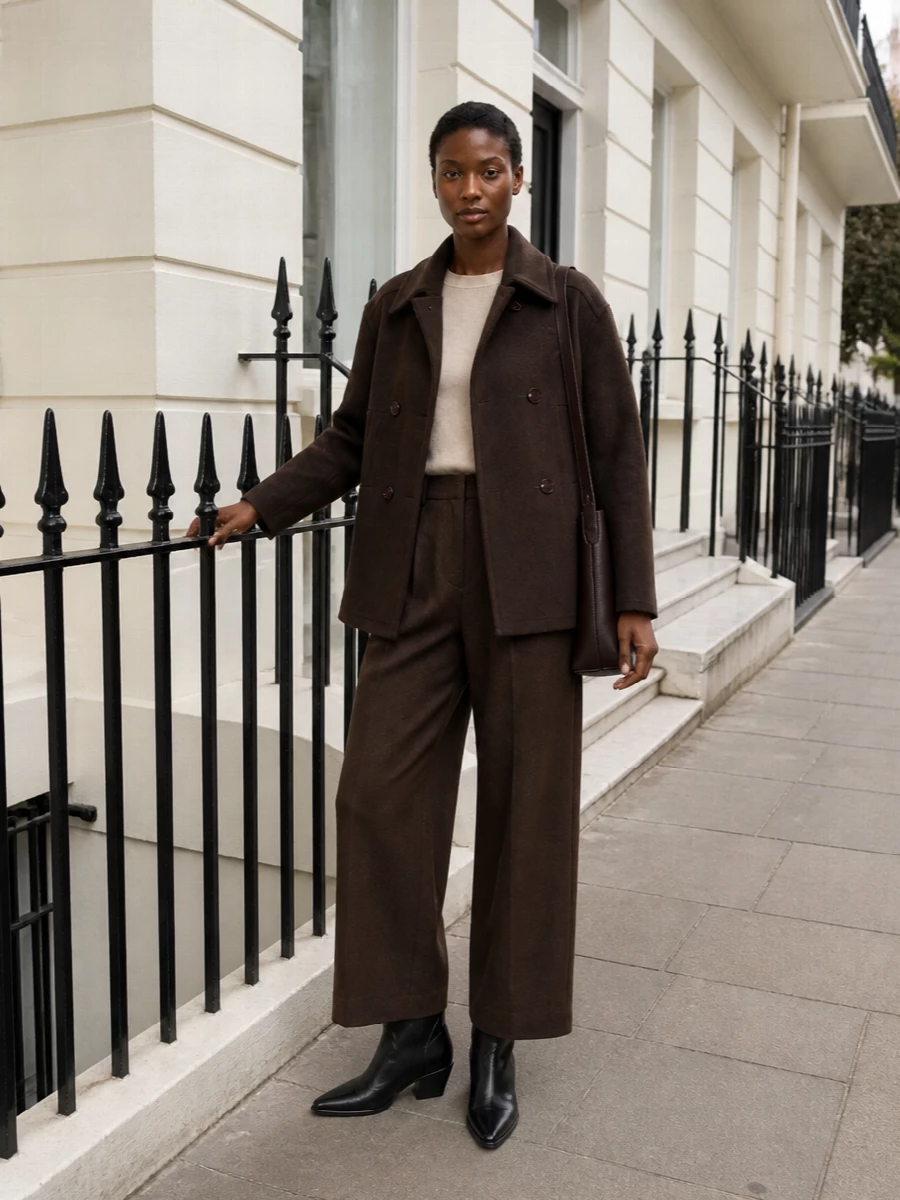 I am keeping this as a trouser-based outfit rather than a dress so the Isabel Marant peacoat can work as true outerwear over clean, tailored separates. The soft oatmeal knit, deep brown wide-leg trouser and chocolate bucket bag create a coherent, tonal brown palette that feels understated yet sharp, while the black knee boot grounds everything with a modern, slightly western edge that still reads polished for city days and dinners. The proportions stay long and fluid beneath the boxy coat, giving an easy, quiet confidence rather than anything forced or fussy.