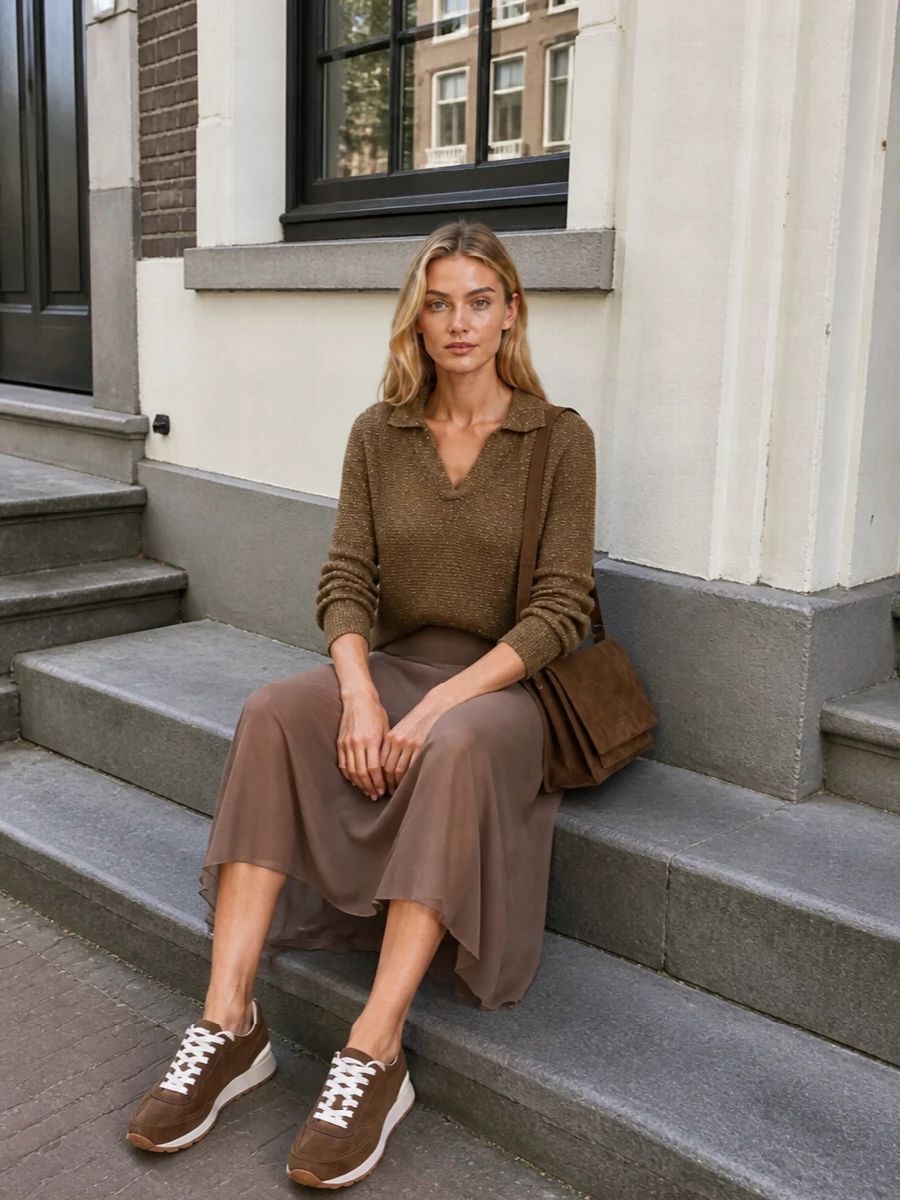 Bronze shimmer on top and a fluid taupe midi skirt create a soft column of warm neutrals that feels relaxed yet deliberately refined. Chestnut runners keep it modern and grounded, while the mocha suede shoulder bag adds subtle structure without interrupting the ease.