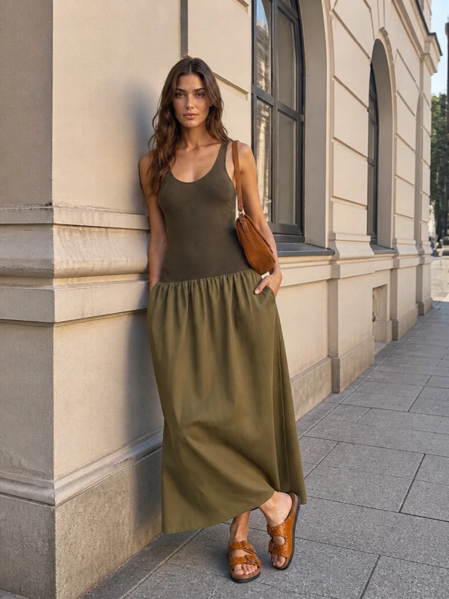 Earthy and grounded, this outfit builds on the studded rust slides with an olive tank-maxi that mixes clean lines and soft volume. The long column balances the flat, easy sandal, so the whole silhouette feels relaxed but intentional for warm city days. I chose the dress route over separates because the tonal, one-piece line keeps the boho-street mix cohesive and lets the sandals read as a considered styling choice, not an afterthought.