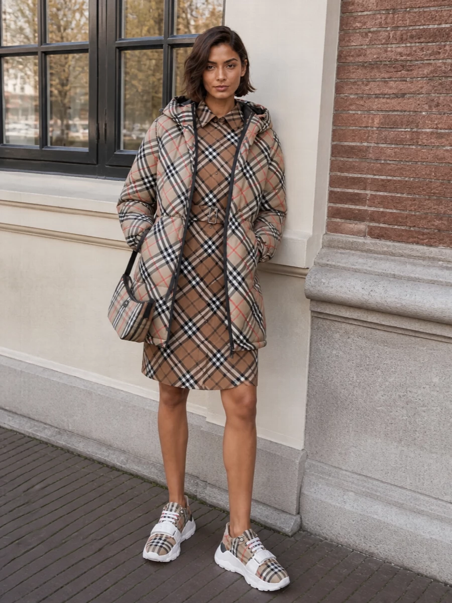 I am deliberately going the dress route here, because a single tailored shirt dress under the graphic puffer keeps all that Burberry check feeling intentional rather than chaotic. The belt on the dress and the puffer’s drawstring both define the waist, while the sculpted runners and slim crescent bag add a relaxed, city-ready energy that stops the heritage story from tipping into costume. It is a cohesive winter outfit that reads as modern Burberry head to toe without a single piece competing for attention.