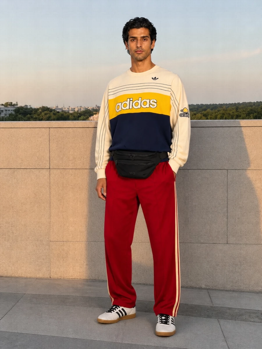 Adidas red track pants retro sweatshirt sneakers