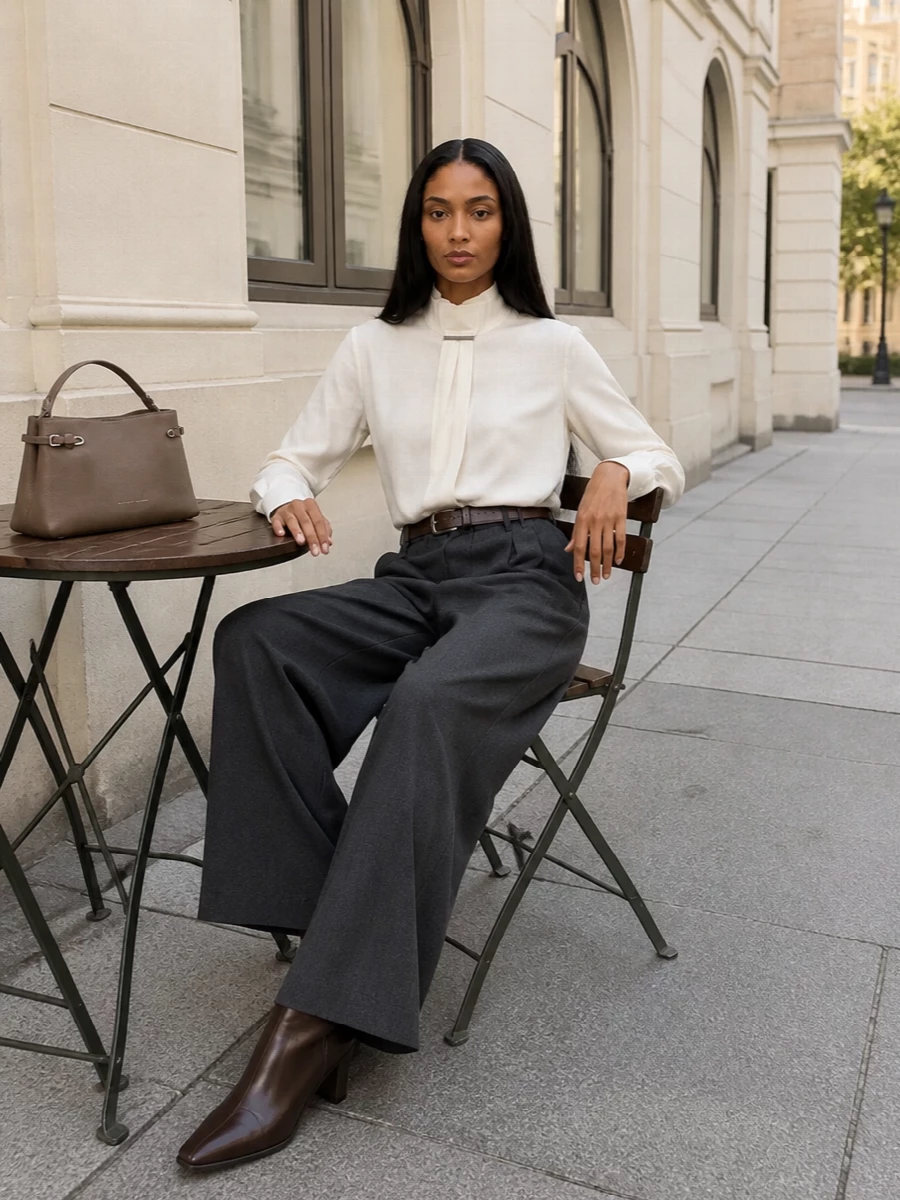Brunello cucinelli ivory blouse charcoal wide leg