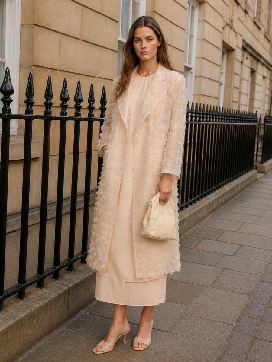 The sheer Max Mara coat sits best over a single, fluid anchor, so the blush cape column dress becomes the hero rather than competing tailoring separates. Together with the nude kitten mules and cream Margiela clutch, it reads as a warm, monochromatic evening ensemble where every layer feels weightless yet composed. The long, uninterrupted column under the diaphanous coat keeps the drama focused on movement and light, not on busy detailing.