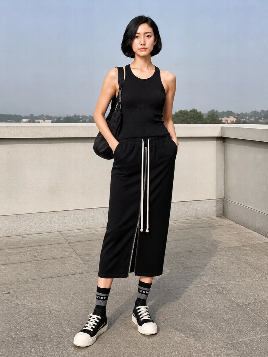 A strict black Rick-on-Rick uniform that leans into vertical lines and subtle sport detailing. The longline racer tank and zipped midi skirt create one continuous column, with the contrast drawcord and sneakers punctuating the monochrome in a precise, graphic way. A compact hobo and tabi socks keep everything close to the body, so the outfit feels sharp, mobile and city-ready rather than styled-up.