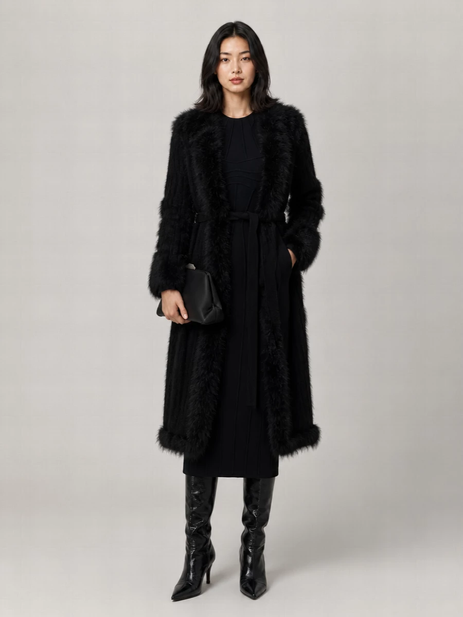 The Attico Alpaca-Blend Ribbed Feather-Trim Belted Knit Coat