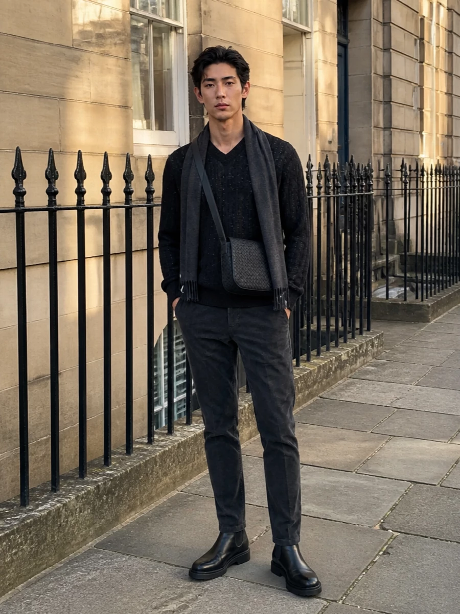 Etro black v neck jumper charcoal corduroy boots