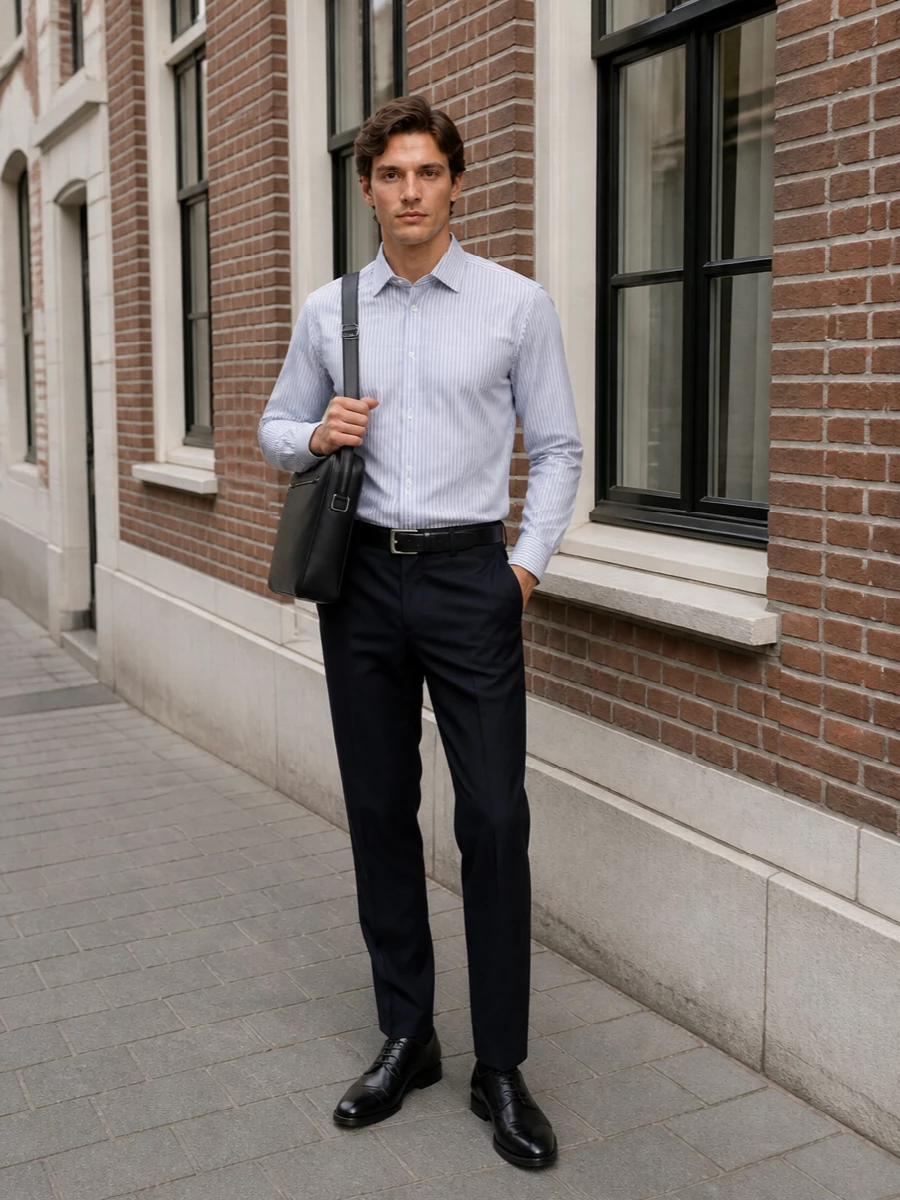 Hugo striped shirt navy trousers black derbies