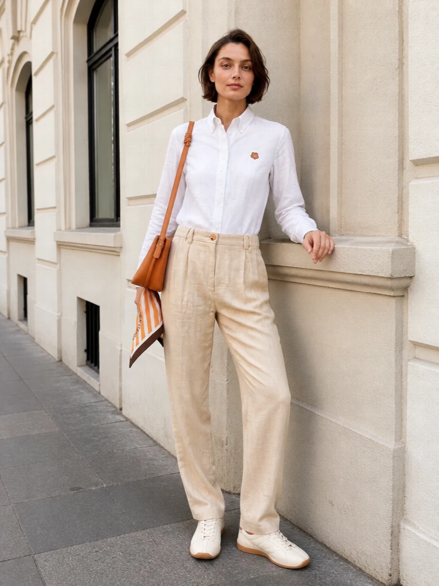 Kenzo white shirt beige trousers sneakers