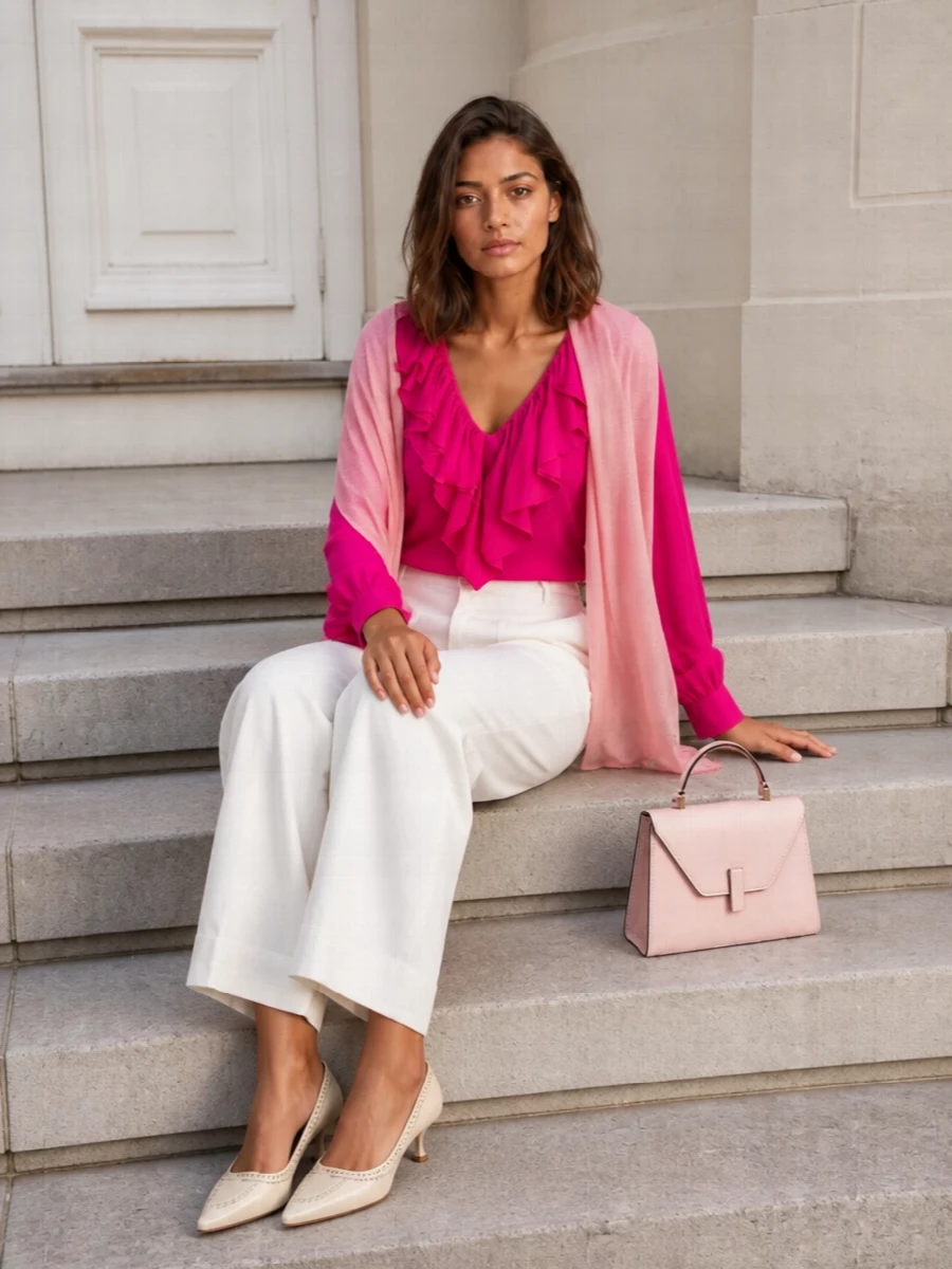Victoria beckham fuchsia blouse white wide leg pants