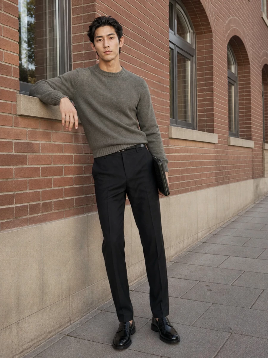 Pt torino trousers olive sweater tods loafers