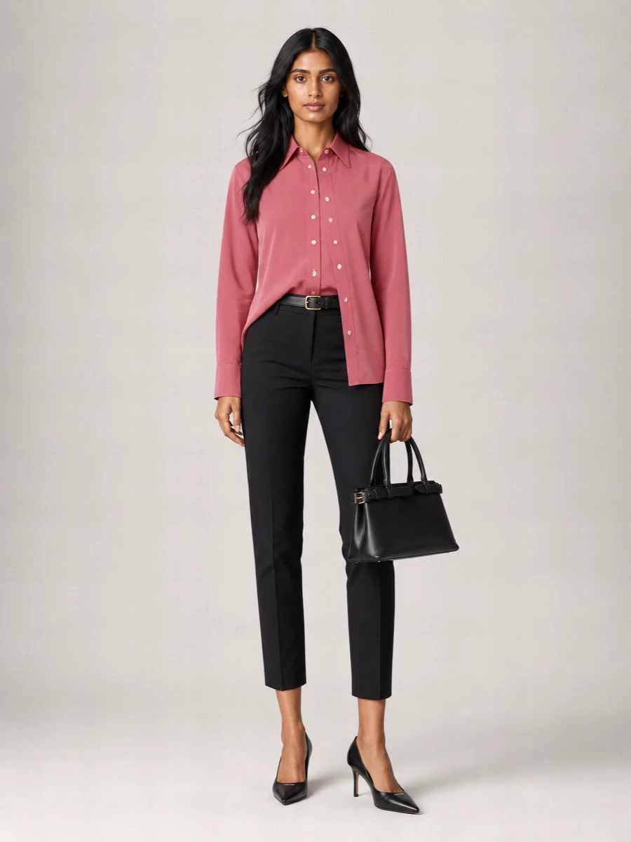 Prada’s dusty rose shirt is anchored by sharply belted black tailoring, creating a long, uninterrupted line that reads calm yet authoritative. Pointed black pumps and a structured top-handle bag keep the palette focused and the mood quietly confident. A slim black belt is the only punctuation, refining the waist without breaking the minimalist ease.