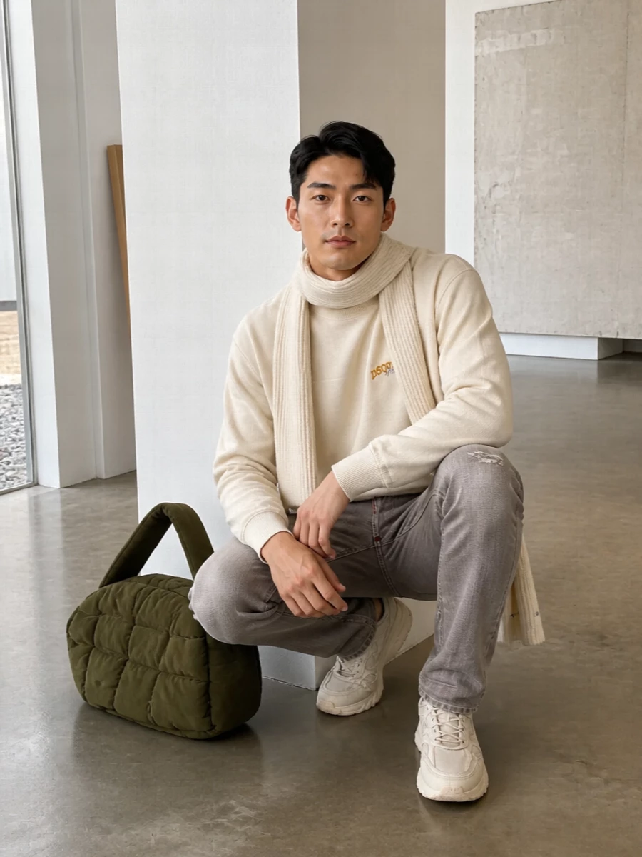 Dsquared2 beige sweatshirt taupe jeans outfit