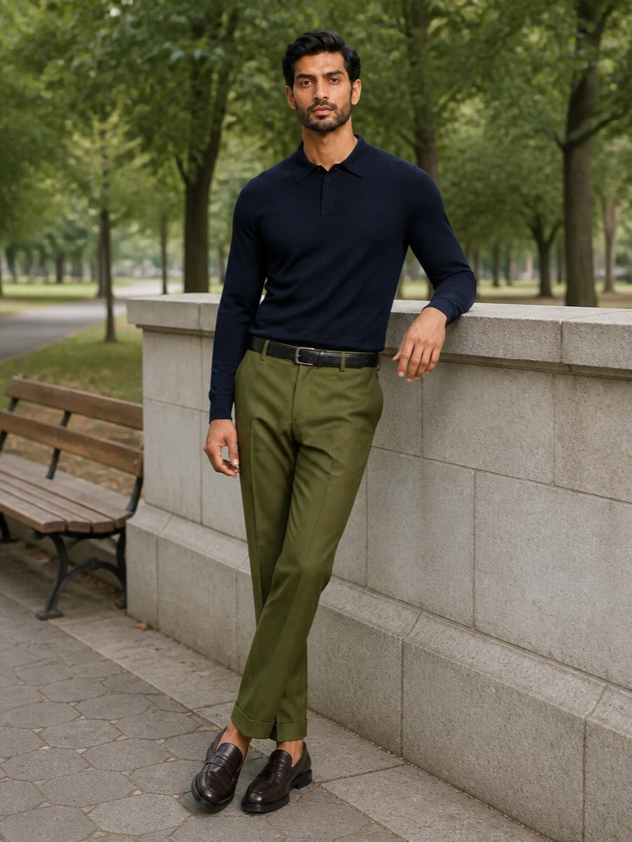 Paul smith olive trousers navy knit prada bag