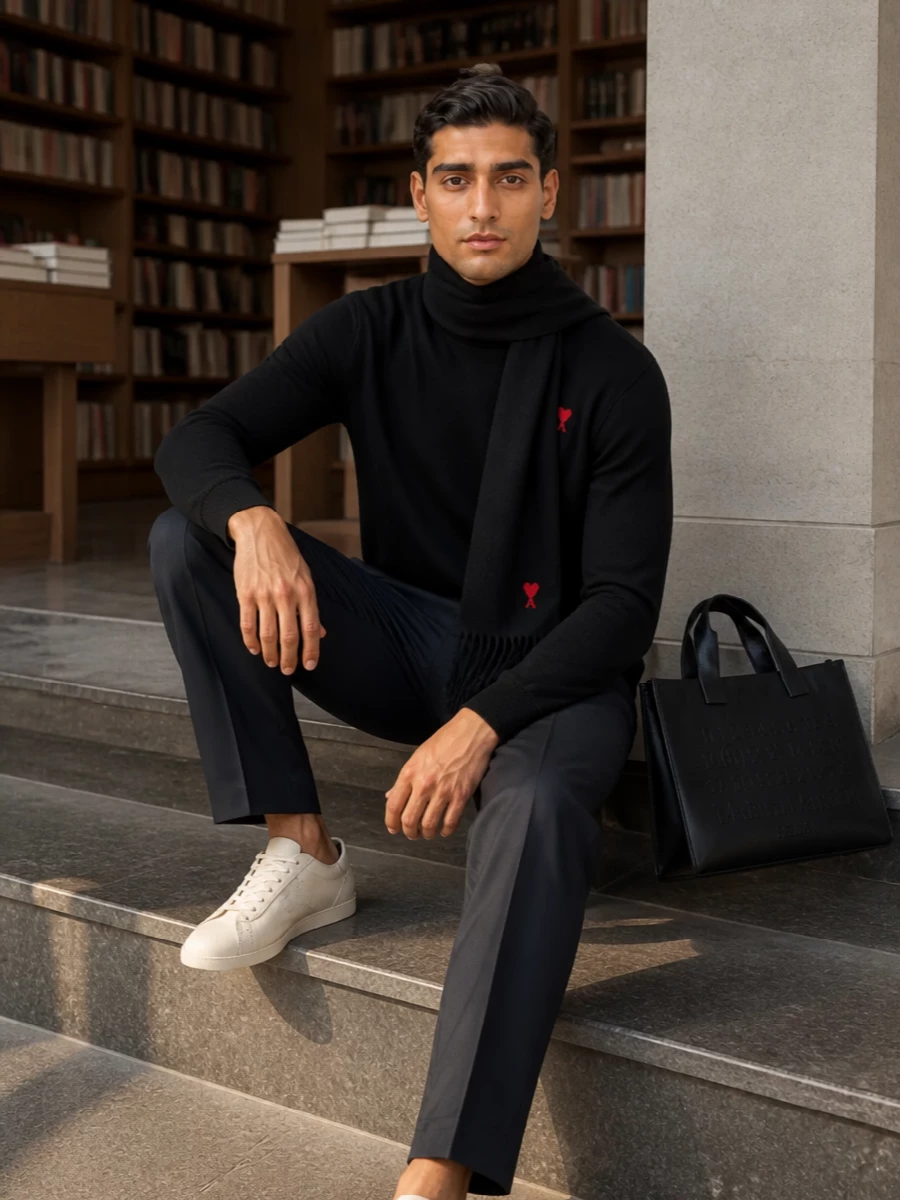 Ami paris turtleneck navy trousers sneakers